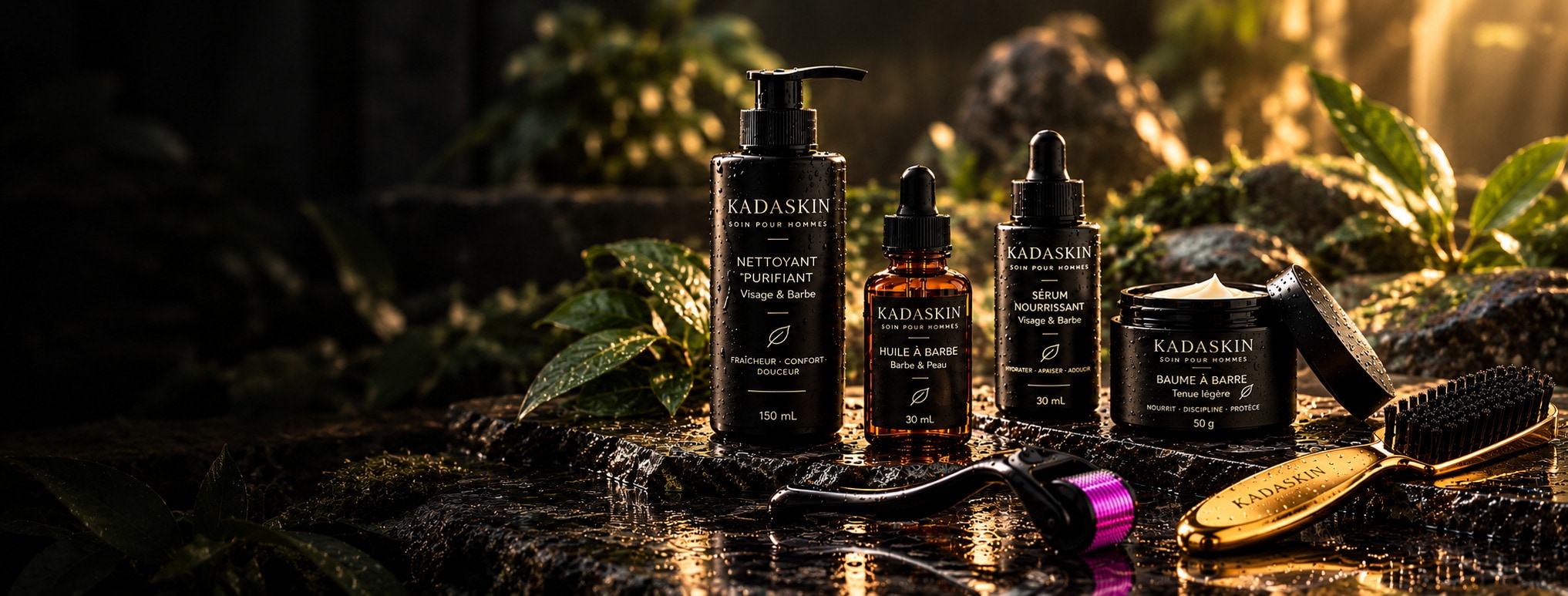Nettoyant purifiant, huile à barbe, sérum nourrissant et baume à barbe KADASKIN, avec un derma roller et une brosse, sur une pierre mouillée.