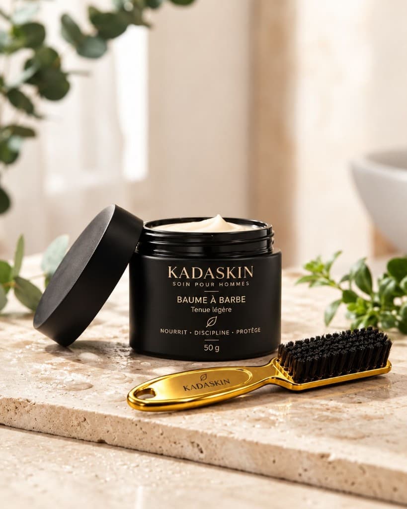 Pot ouvert du baume à barbe KADASKIN, 50 g, et la brosse à barbe incluse, sur une pierre claire.