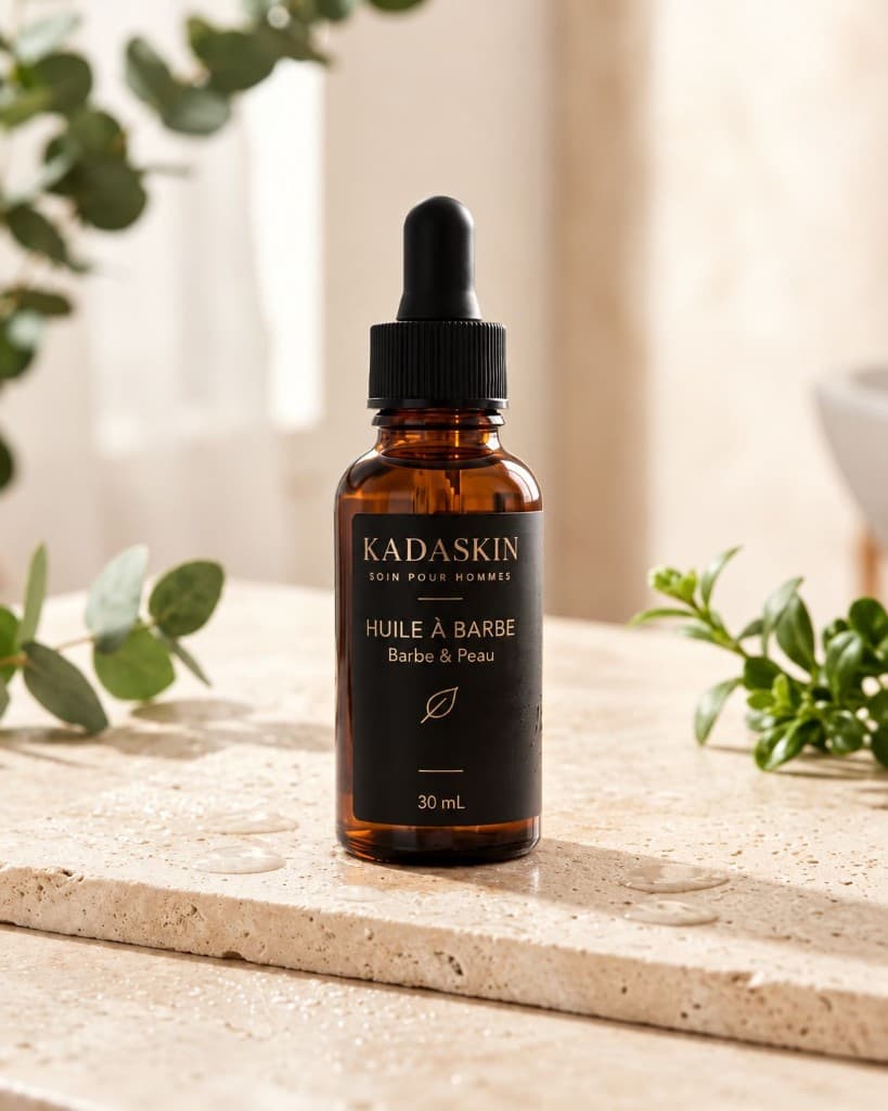 Flacon ambre de l’huile à barbe KADASKIN, 30 mL, sur une pierre claire.