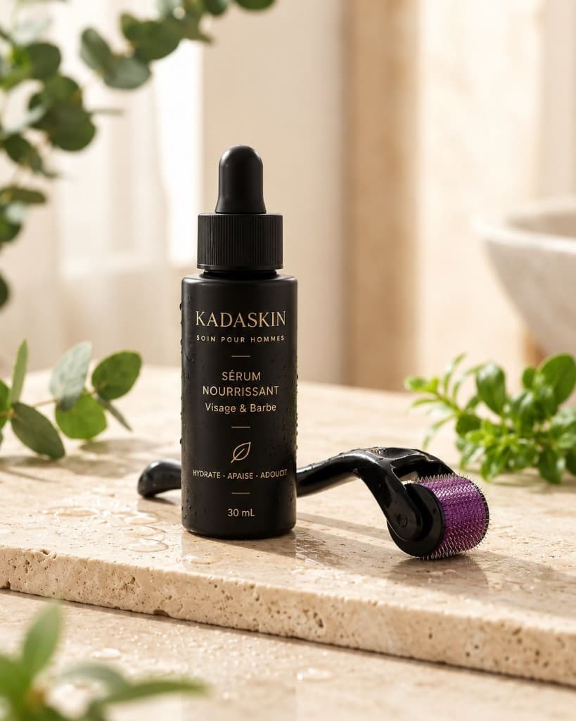 Flacon du sérum nourrissant KADASKIN, 30 mL, et le derma roller inclus, sur une pierre claire.